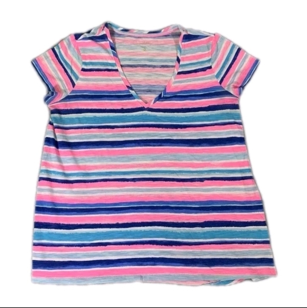 Lilly Pulitzer Etta V Neck Sandy Shell Stripe Size Small Blue Pink - Picture 5 of 5